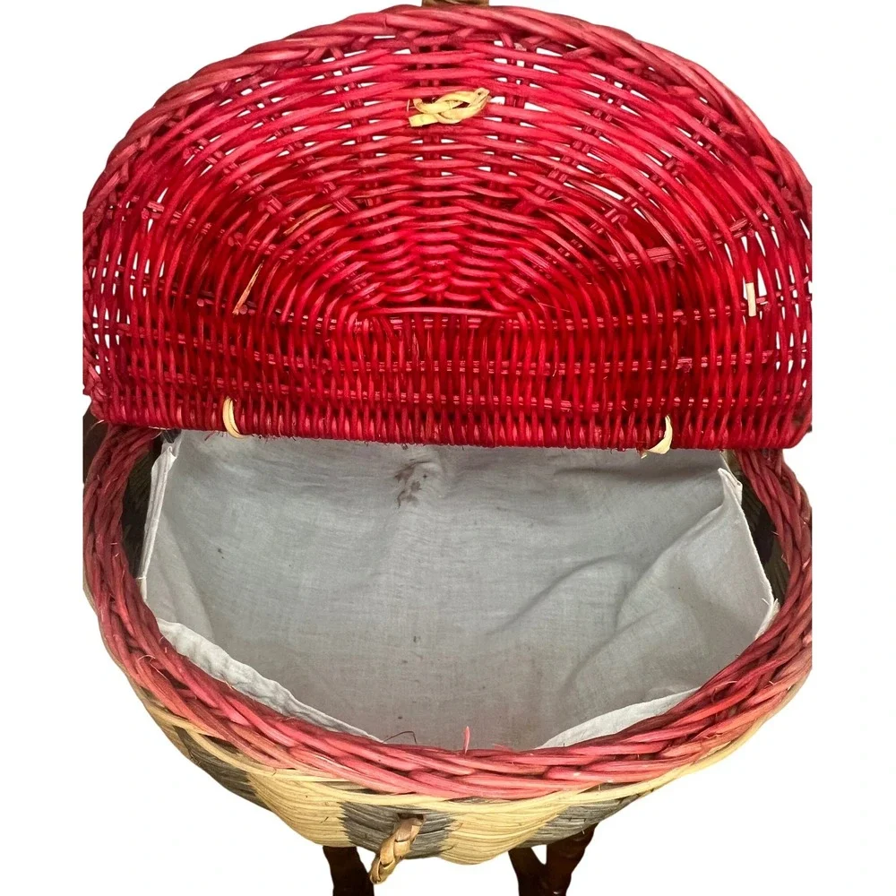 Vintage Watermelon Picnic Basket Woven Wicker Double-Lid Handle Red Green Large